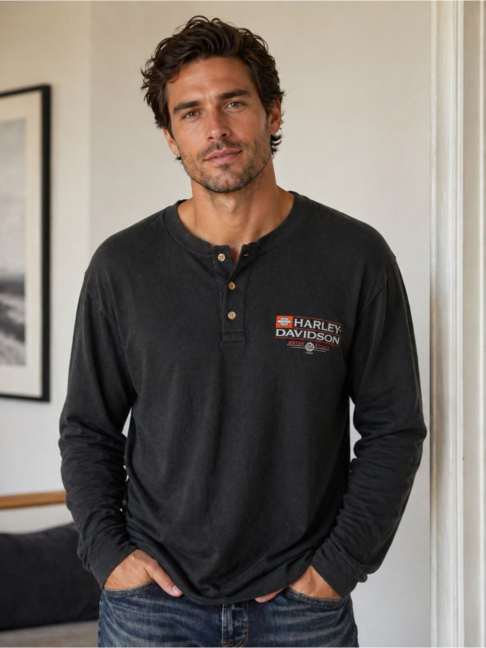 Harley-Davidson Men’s Black Long-Sleeve Henley with Chest Logo